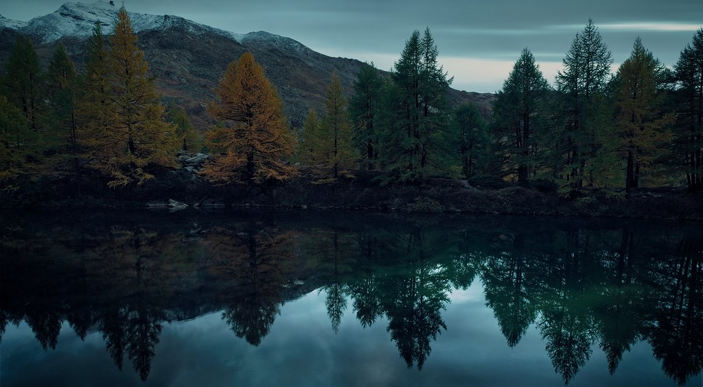 A still lake reflecting autumn trees, with light on the far horizon